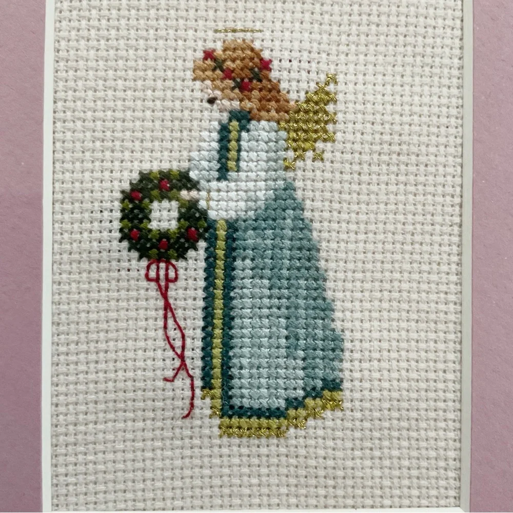 1987 Told in a Garden Christmas Angel Cross Stitch, Framed 5x7 Art Vintage